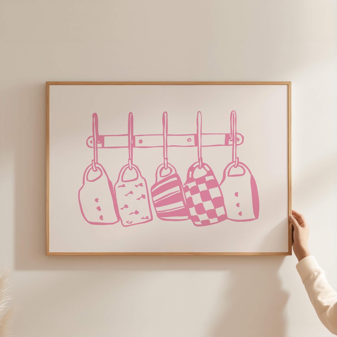 Pink Line Drawing Mugs On Rack Horizontal Kitchen Coffee Bar Wall Poster