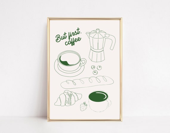 Hand Drawn Green Coffee Print Italian Kitchen Retro Neutral Decor Lover Minimalist