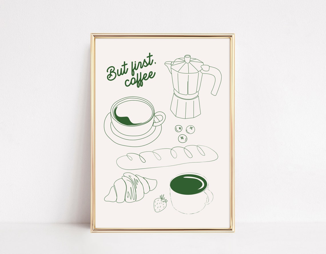 But First Coffee Green Line Art Moka Pot Croissant Kitchen Poster