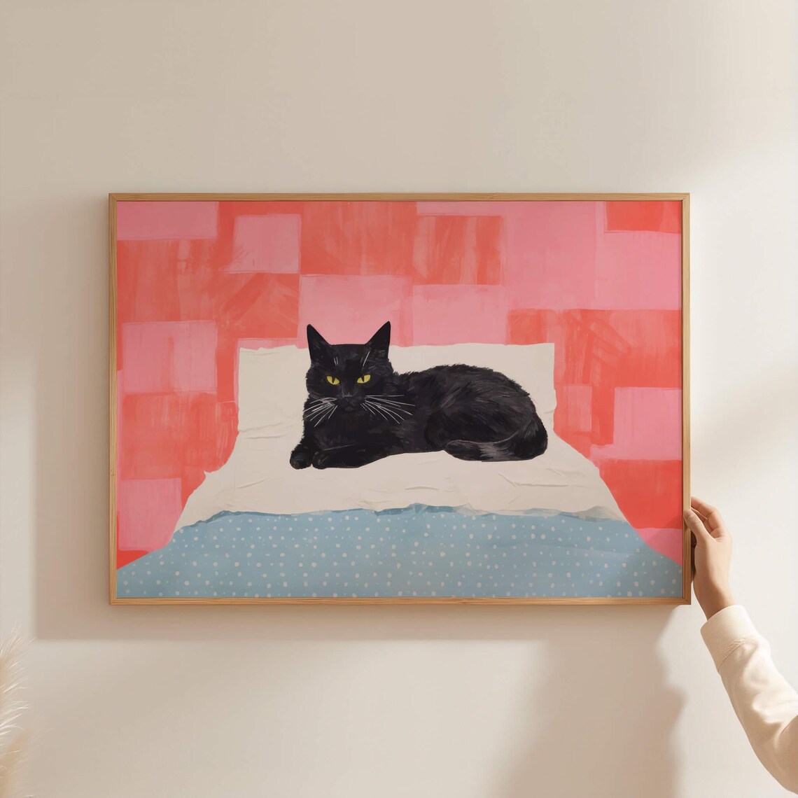 Black Cat Lounging On Bed Coral Pink Modern Cat Lover Art Poster