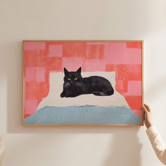 Black Cat Lounging On Bed Coral Pink Modern Cat Lover Art Poster