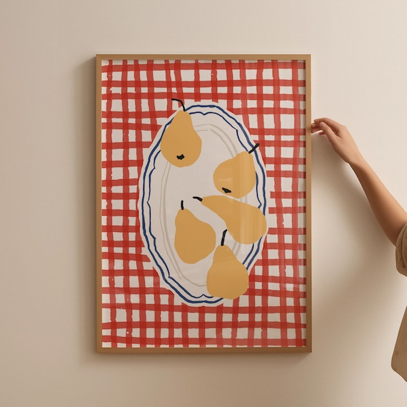 Five Yellow Pears on Platter Red Checkered Kitchen Decor Wall Poster