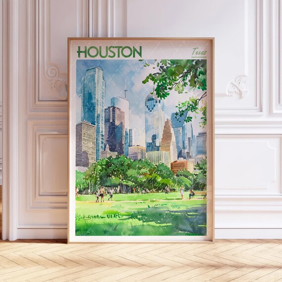 Houston Texas Skyline Watercolor Park Green Cityscape Art Poster
