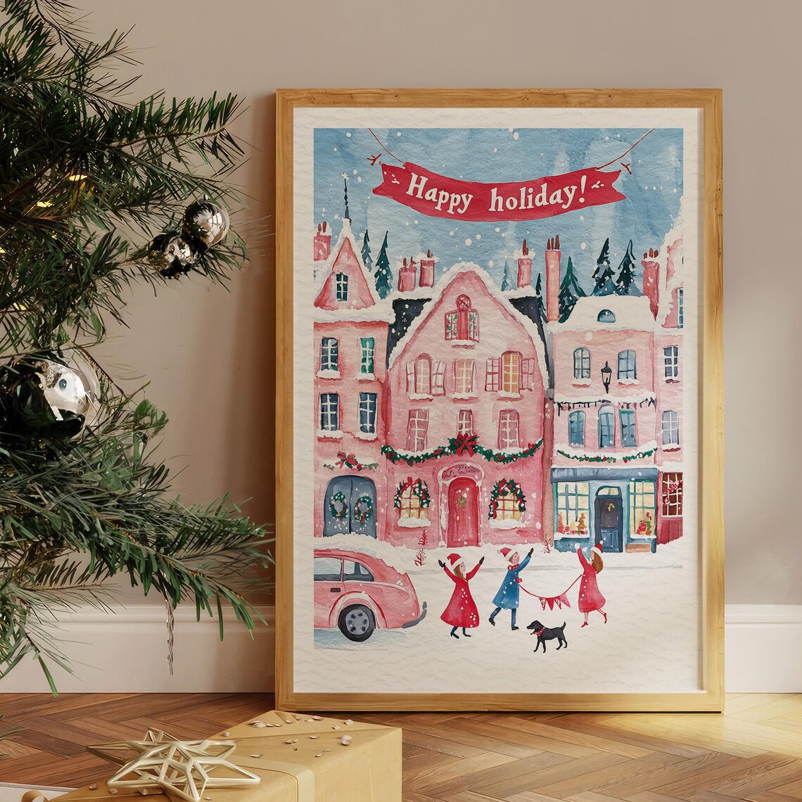 Merry Christmas Village Pink Watercolor Happy Holiday Poster