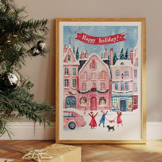 Christmas Village Watercolor Art Print Merry Cute Illustration Xmas Painting Home Decor Holiday Gift For