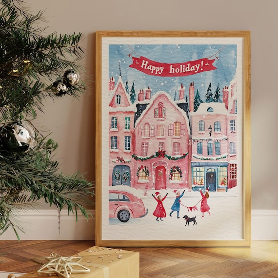 Merry Christmas Village Pink Watercolor Happy Holiday Poster