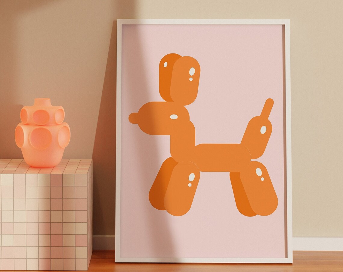 Orange Balloon Dog Cute Y2K Pink Background Trendy Room Decor Poster