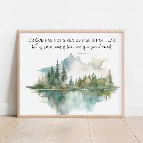 2 Timothy 1:7 No Spirit of Fear Bible Verse Watercolor Forest Lake Poster