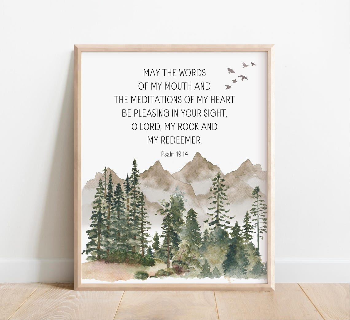 Psalm 19:14 May the Words of My Mouth Mountain Forest Scripture Poster