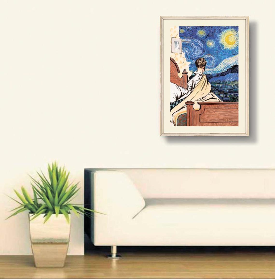 Boy on Bed Watching Starry Night Sky Dreamy Altered Art Poster - Image 2