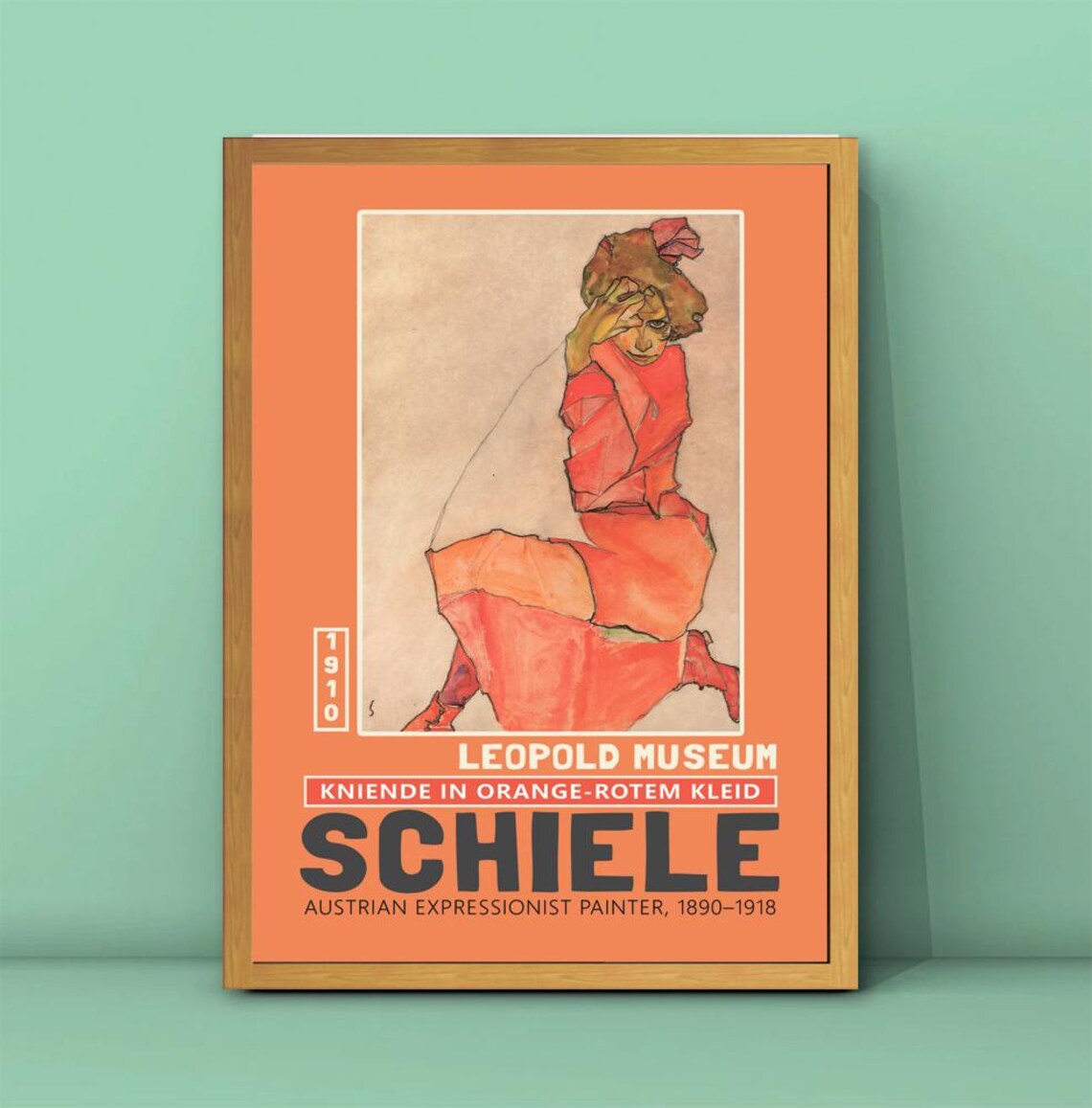 Egon Schiele Kneeling Female in Orange Red Dress Art Print