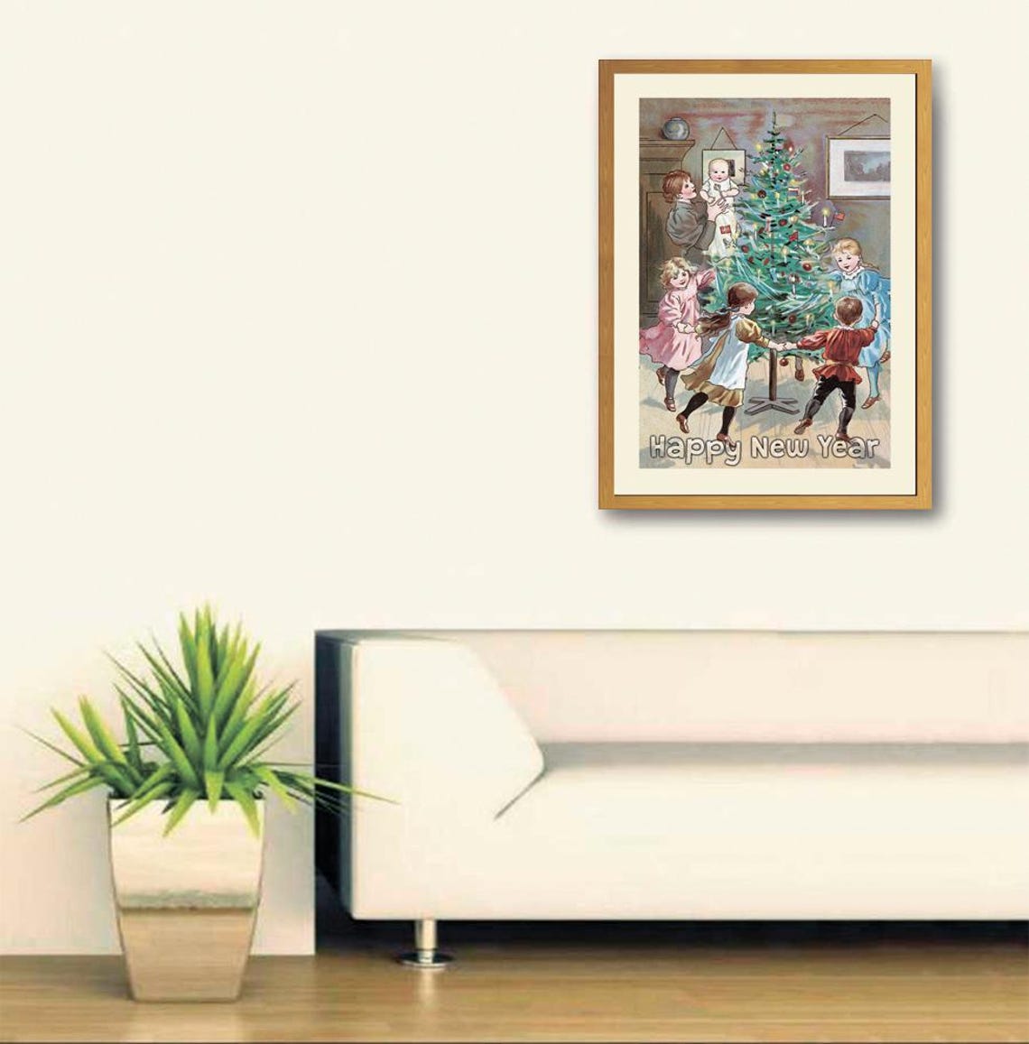 Vintage Happy New Year Children Christmas Tree Dance Art Poster - Image 3