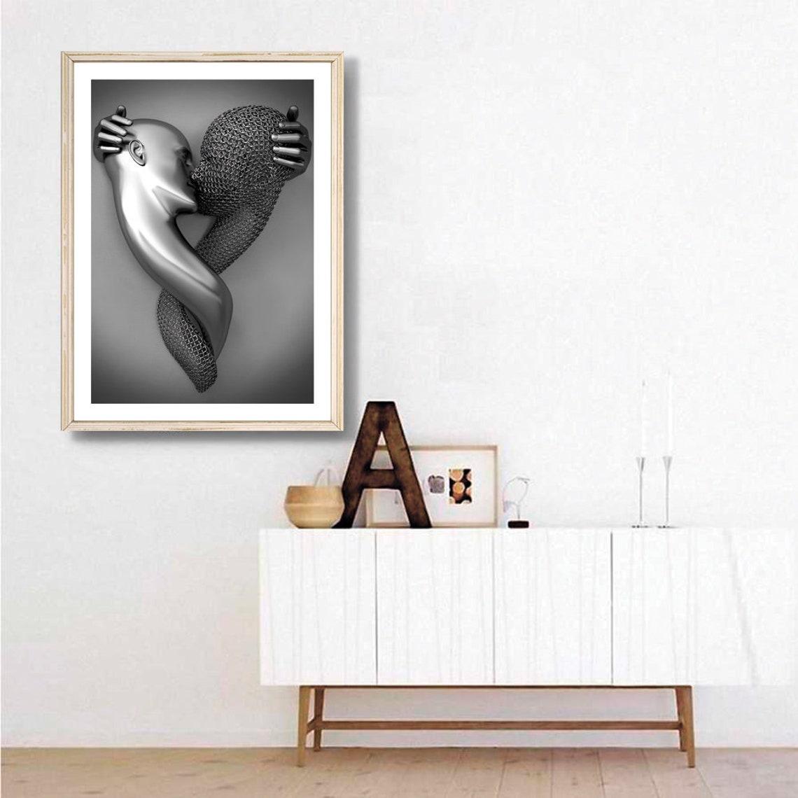 Romantic Monochrome Silver Kiss Sculpture Embrace Surreal Art Poster - Image 3