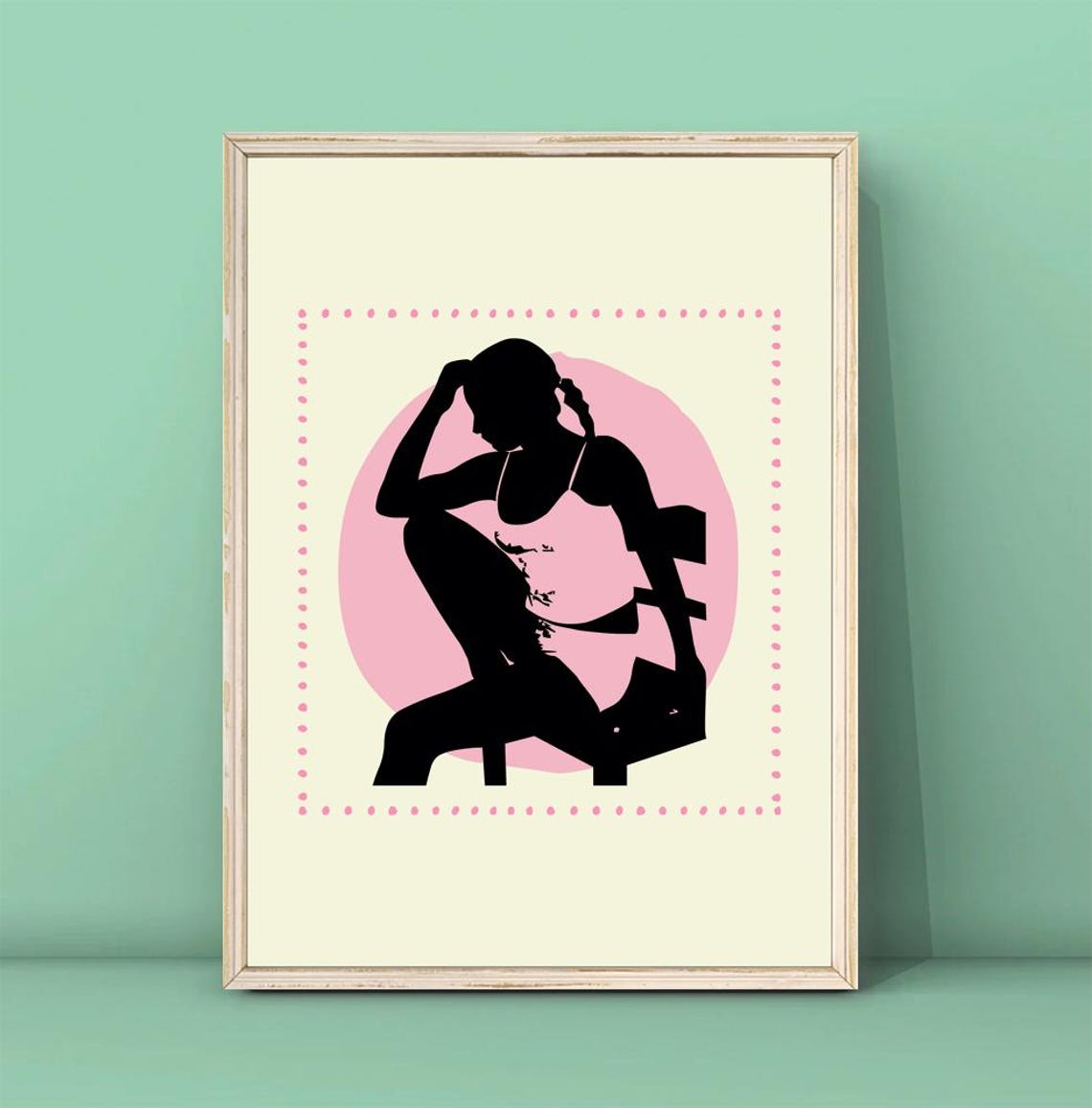 Woman Silhouette Seated Adjusting Hair Pink Boho Art Decor Poster
