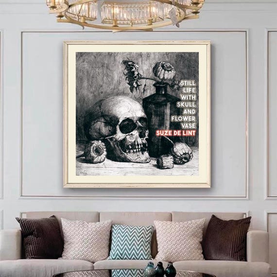 Still Life With Skull And Flower Vase Print Skull Painting Skull With Flower Poster Skull Poster Black And White Print Igital