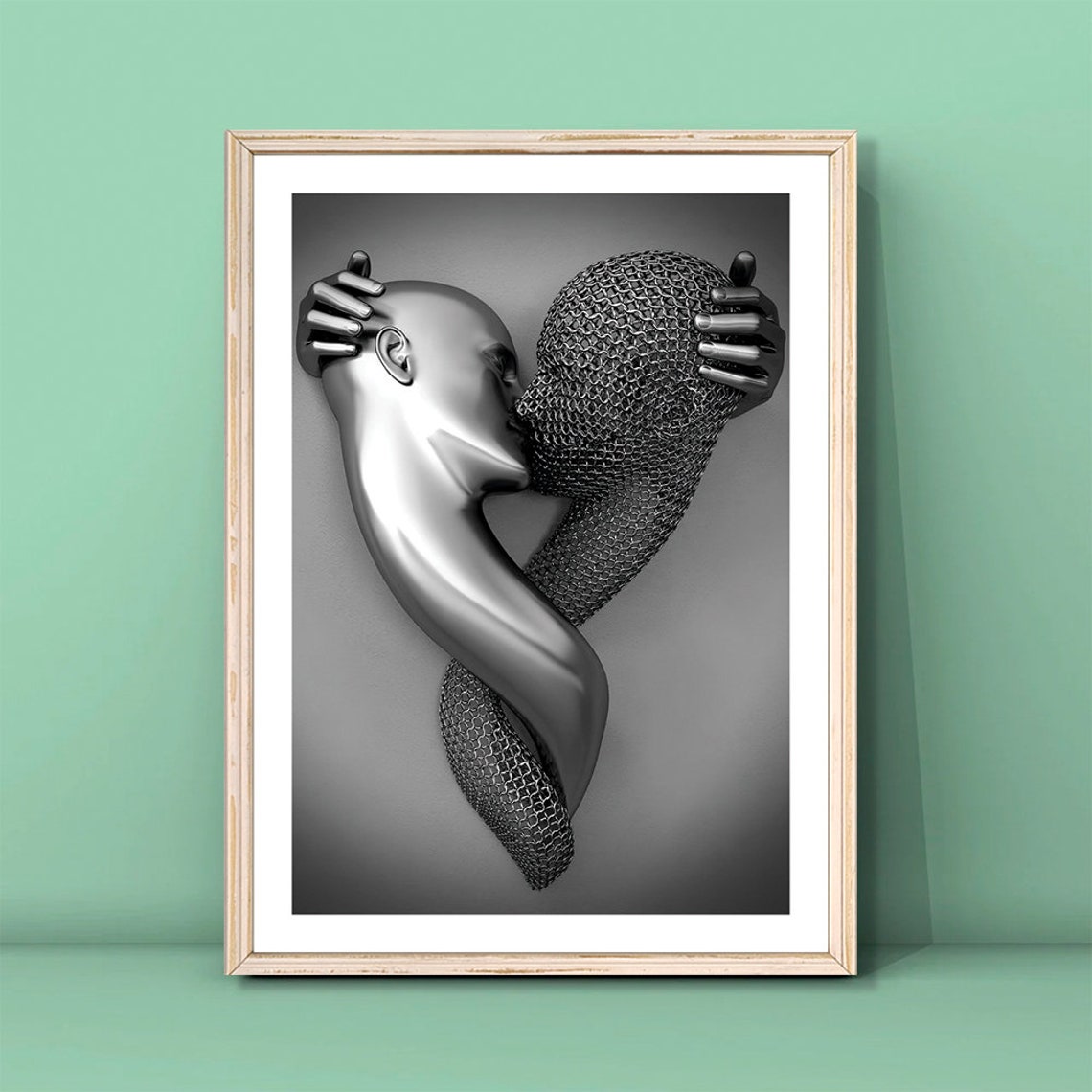 Romantic Monochrome Silver Kiss Sculpture Embrace Surreal Art Poster