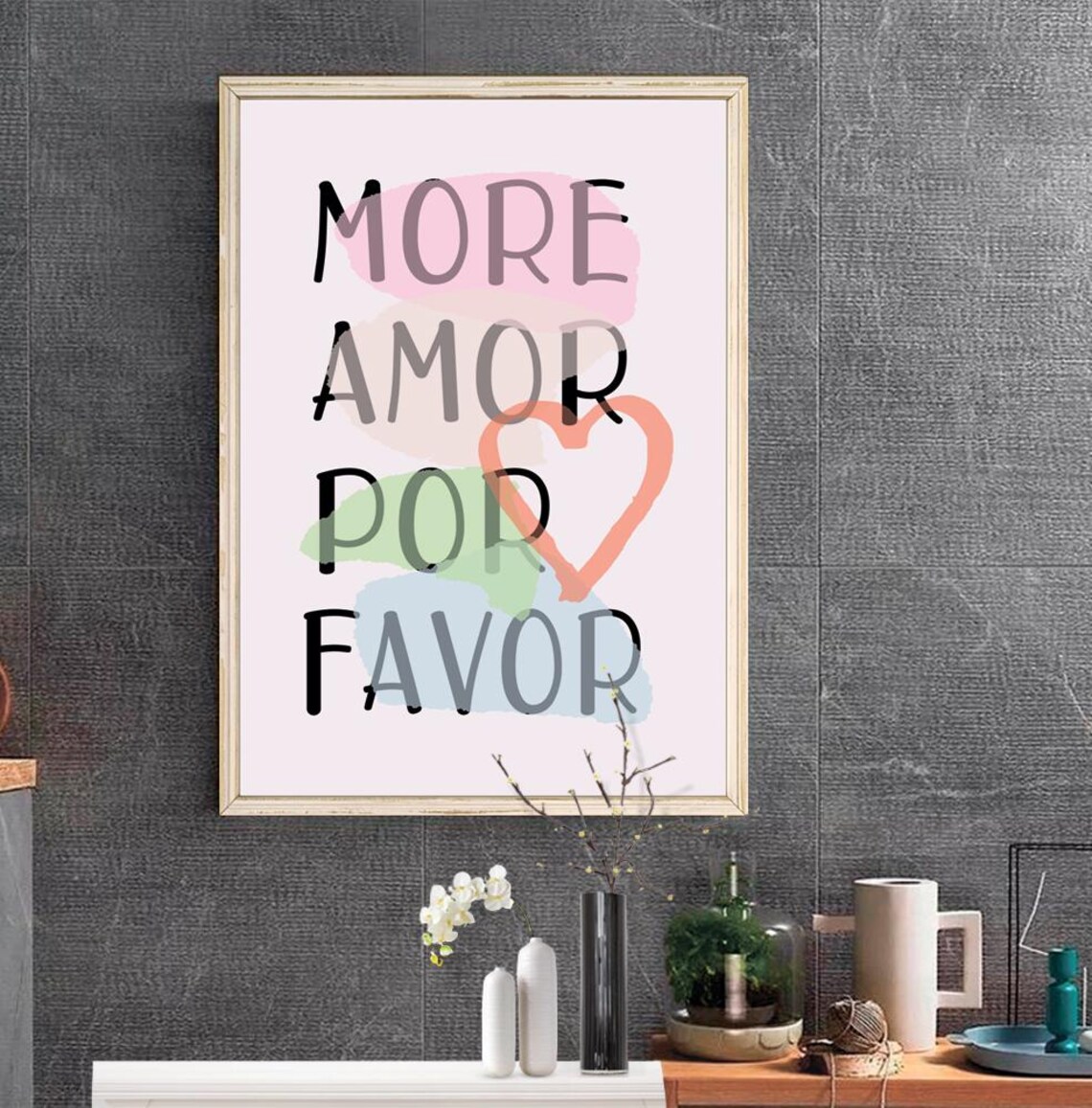 More Amor Por Favor Pastel Watercolor Heart Love Quote Wall Print - Image 2
