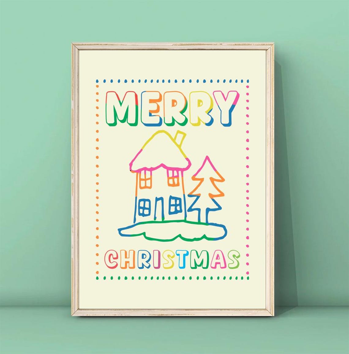 Merry Christmas Neon Outline House Tree Doodle Holiday Wall Print