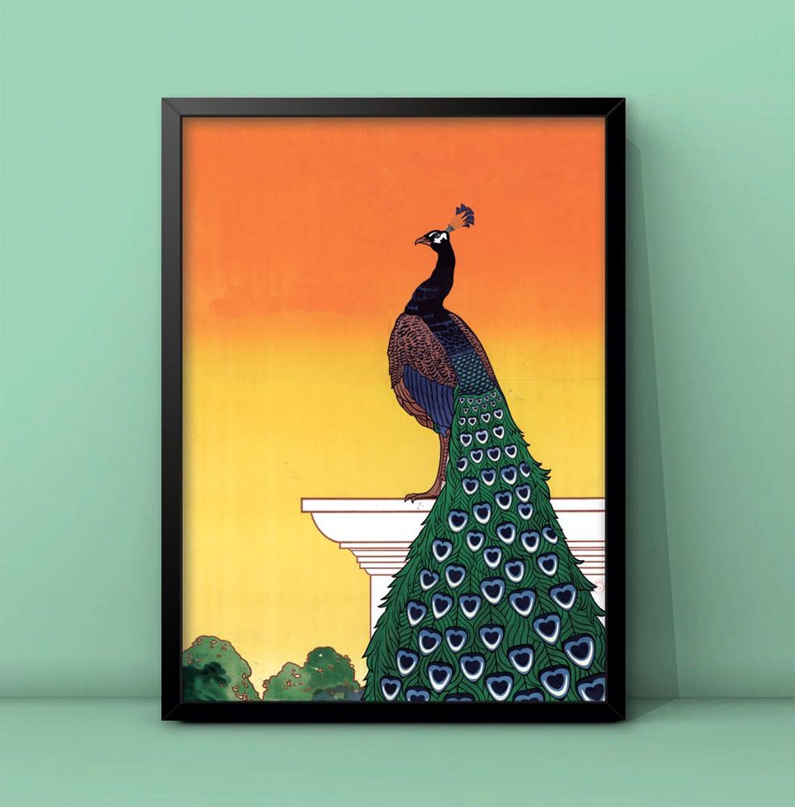 Vintage Peacock On Pedestal Orange Sunset Art Deco Bird Poster