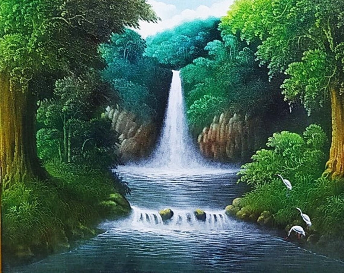 Waterfall Painting With Natural Nuance And Trees