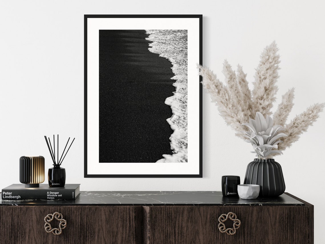 Black Sand Beach Waves Black And White Photography Decor Poster