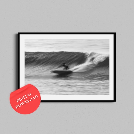 Surfer Riding Ocean Wave Black White Fine Art Photography Poster