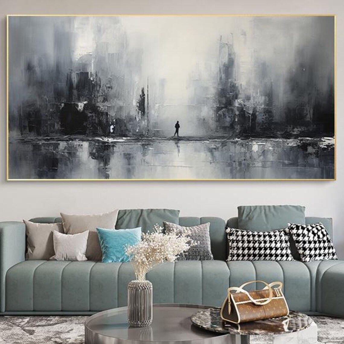 Monochrome Misty City Skyline With Lone Figure Oil Painting Poster