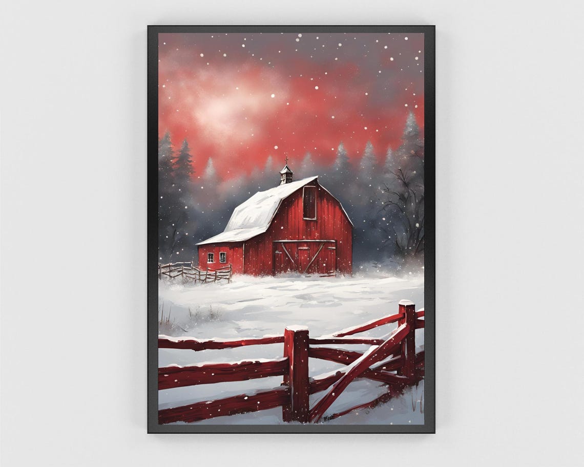 Red Barn Snowy Sunset Crimson Sky Farm Winter Scene Art Poster - Image 3