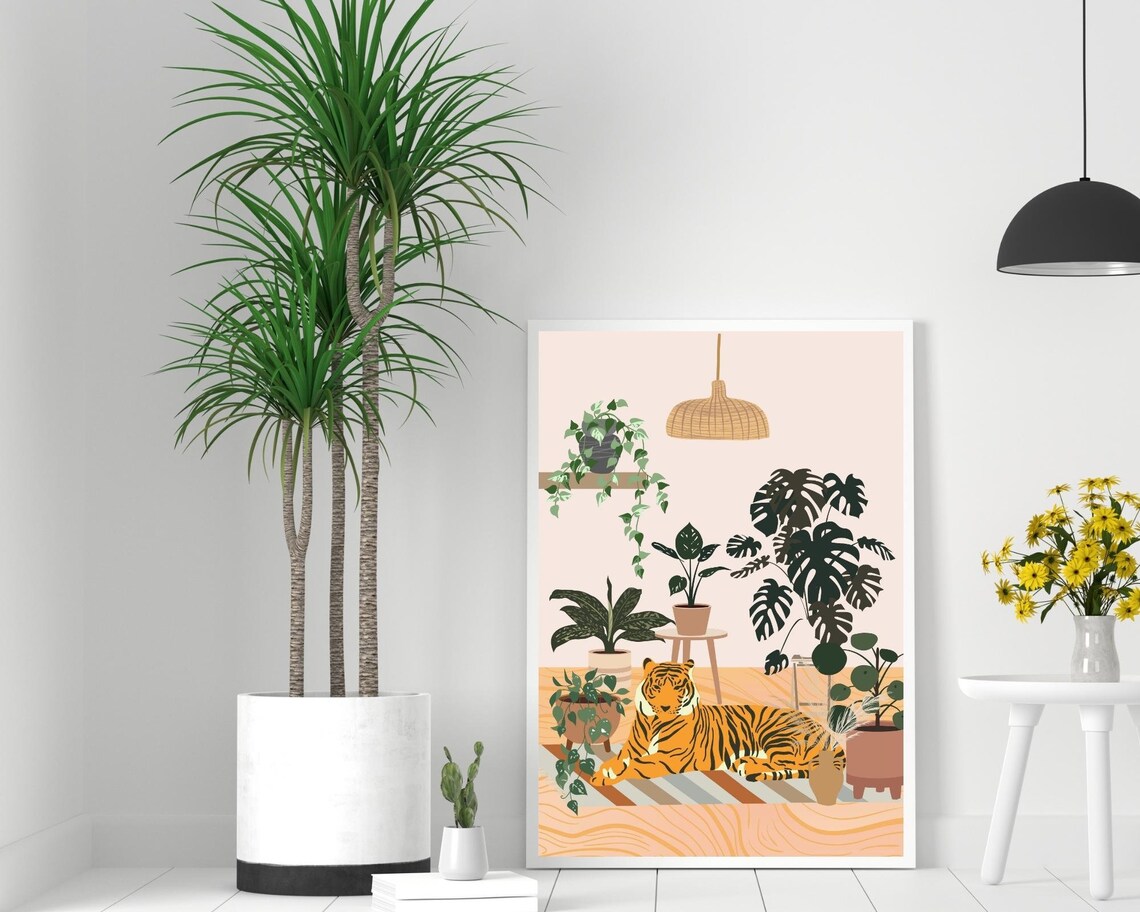 Tiger And Plants Boho Botanical Art Print - Image 2
