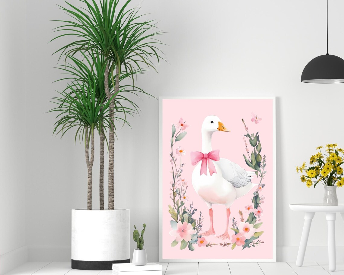 Watercolor Goose Pink Bow Floral Frame Nursery Sweet Wall Poster - Image 2