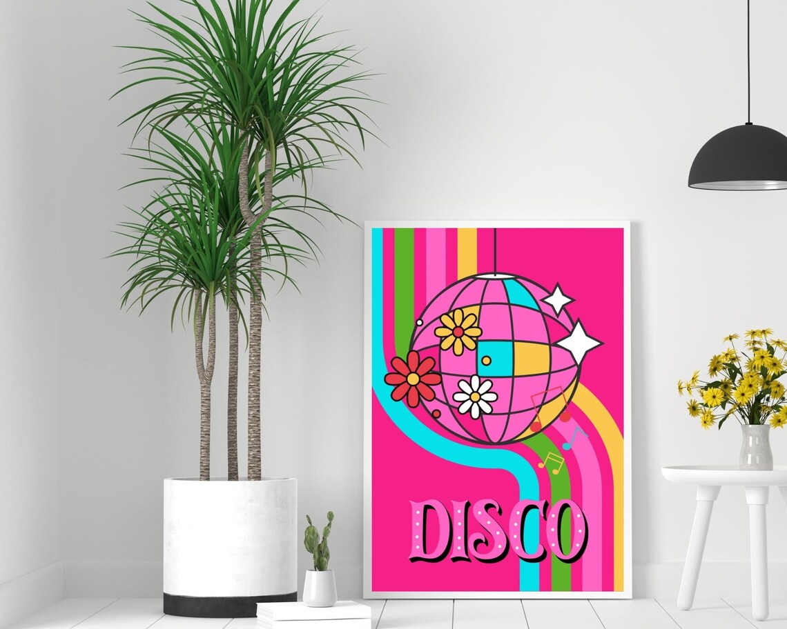 Retro Disco Ball Poster, Groovy 70s Floral Decor - Image 2