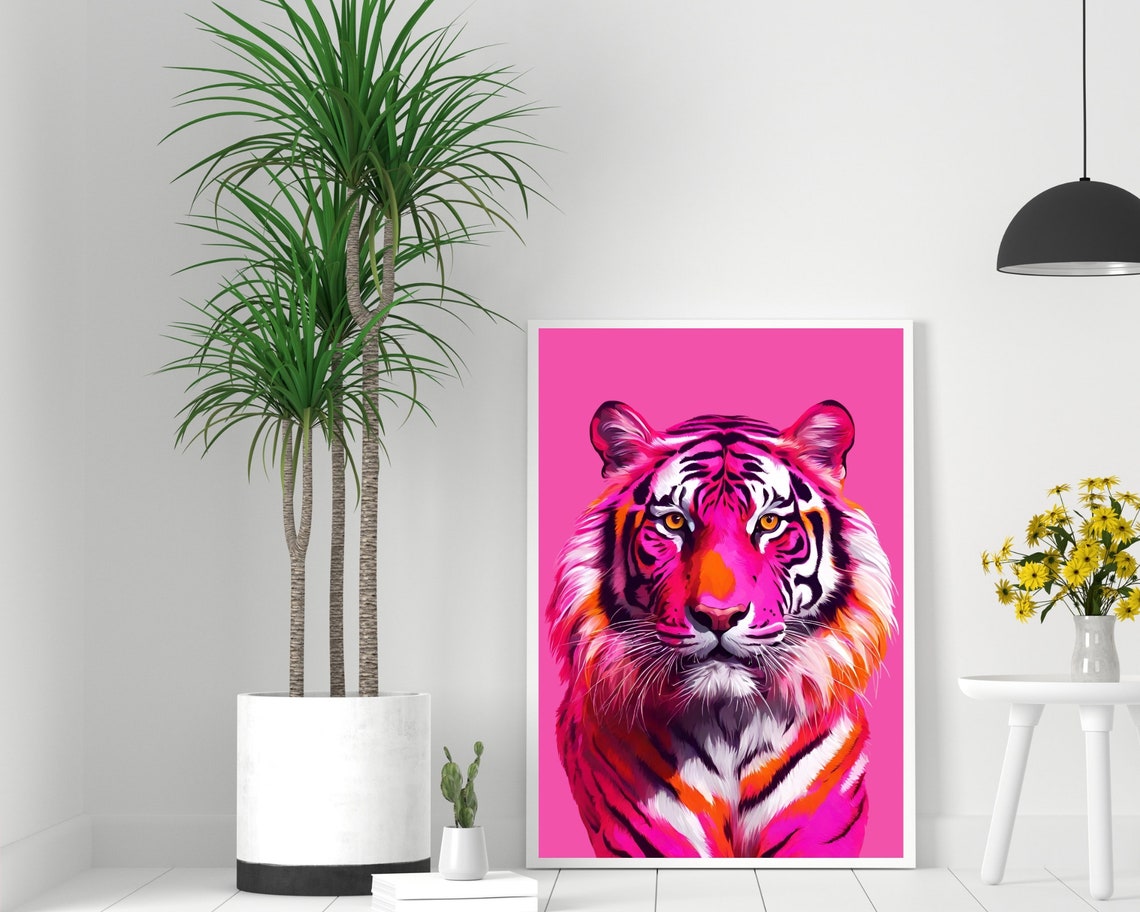 Neon Pink Tiger Head Art Bold Pop Feline Portrait Statement Print - Image 2