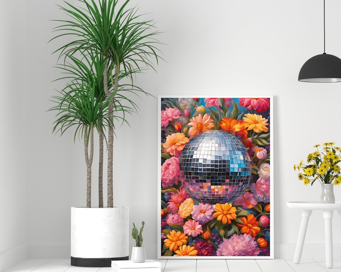 Silver Disco Ball Amid Bright Pink And Orange Flowers Poster - Image 2