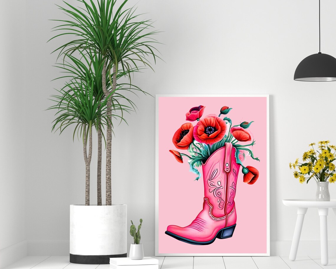 Pink Cowboy Boot Overflowing With Red Poppies Watercolor Poster - Image 2
