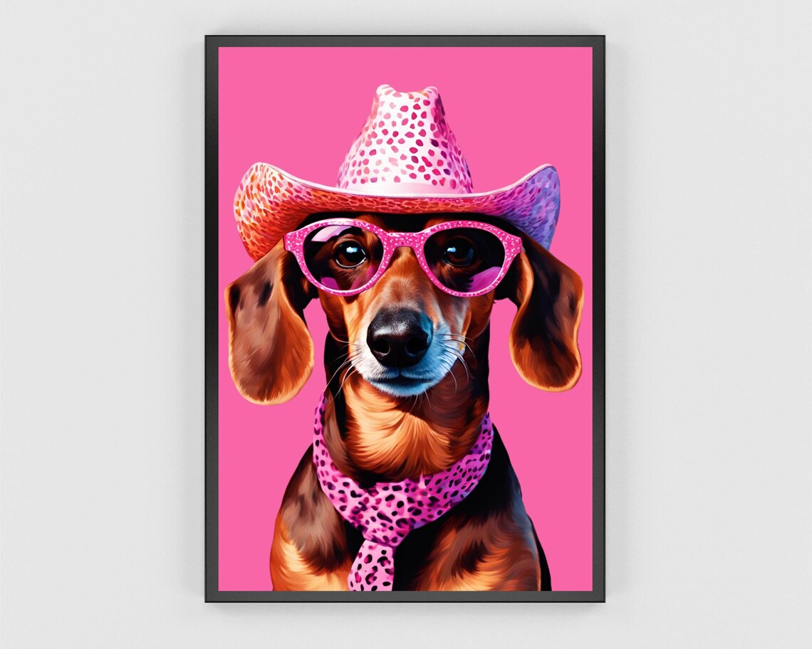 Cowboy Dachshund in Pink Hat and Sunglasses Funny Portrait Poster - Image 3