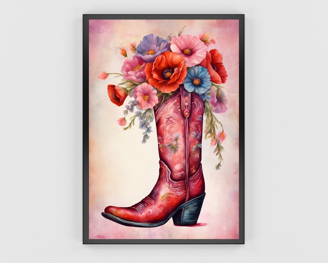 Red Cowboy Boot Overflowing With A Bouquet Of Wildflowers Poster - Image 3