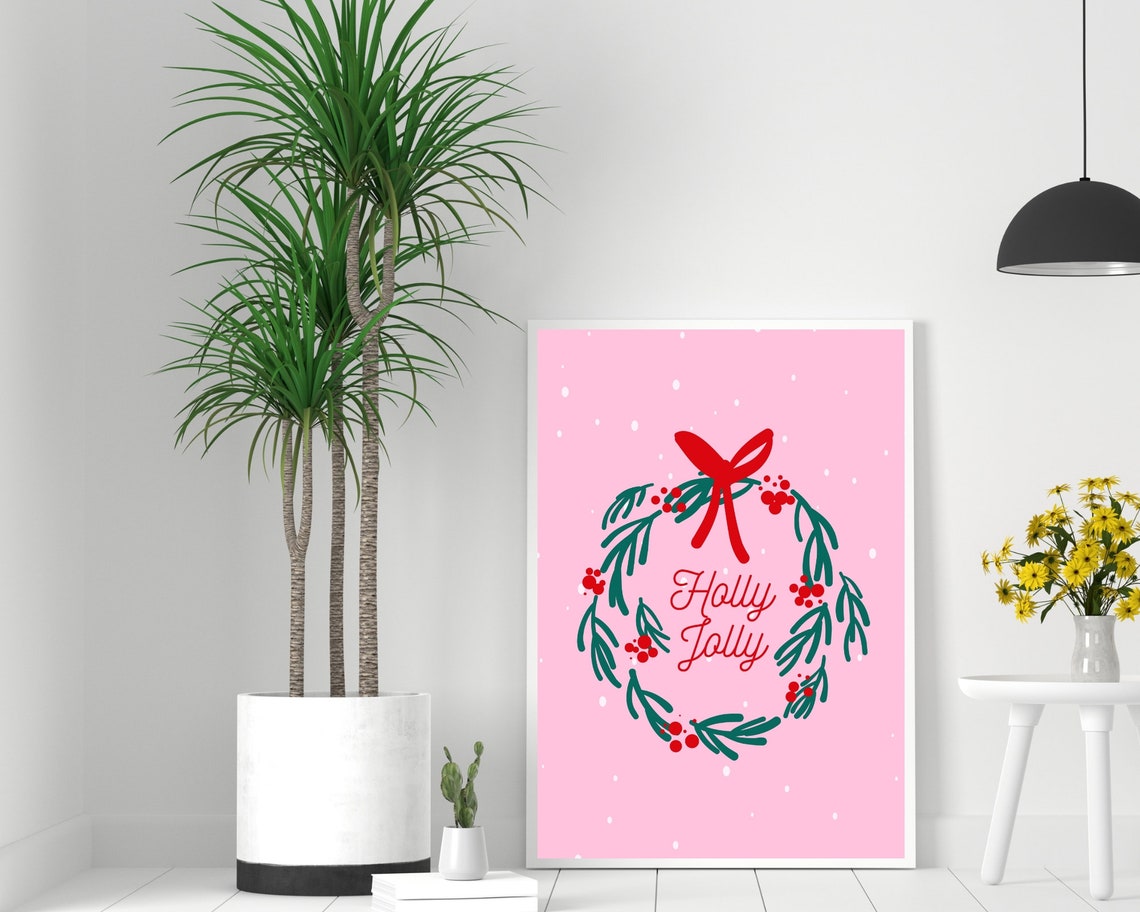 Holly Jolly Christmas Art Print Christmas Wall Art Festive Pink Christmas Print Funky Retro Xmas Poster Christmas Gifts Xmas Decor - Image 2