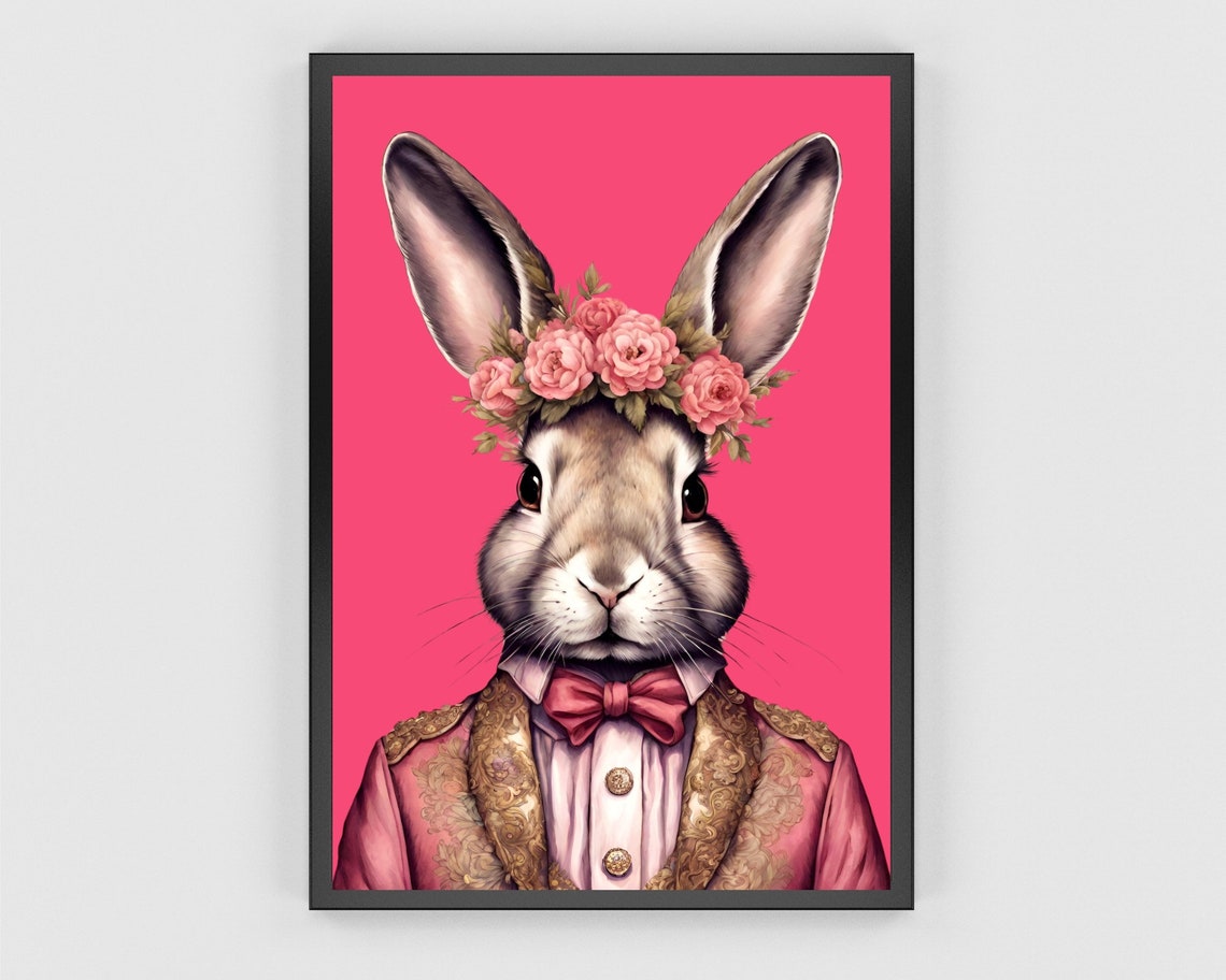 Fashion Bunny Portrait Art Print Eclectic Fashionista Bunny Poster Bold Altered Animal Portrait Vintage Floral Rabbit Art - Image 3