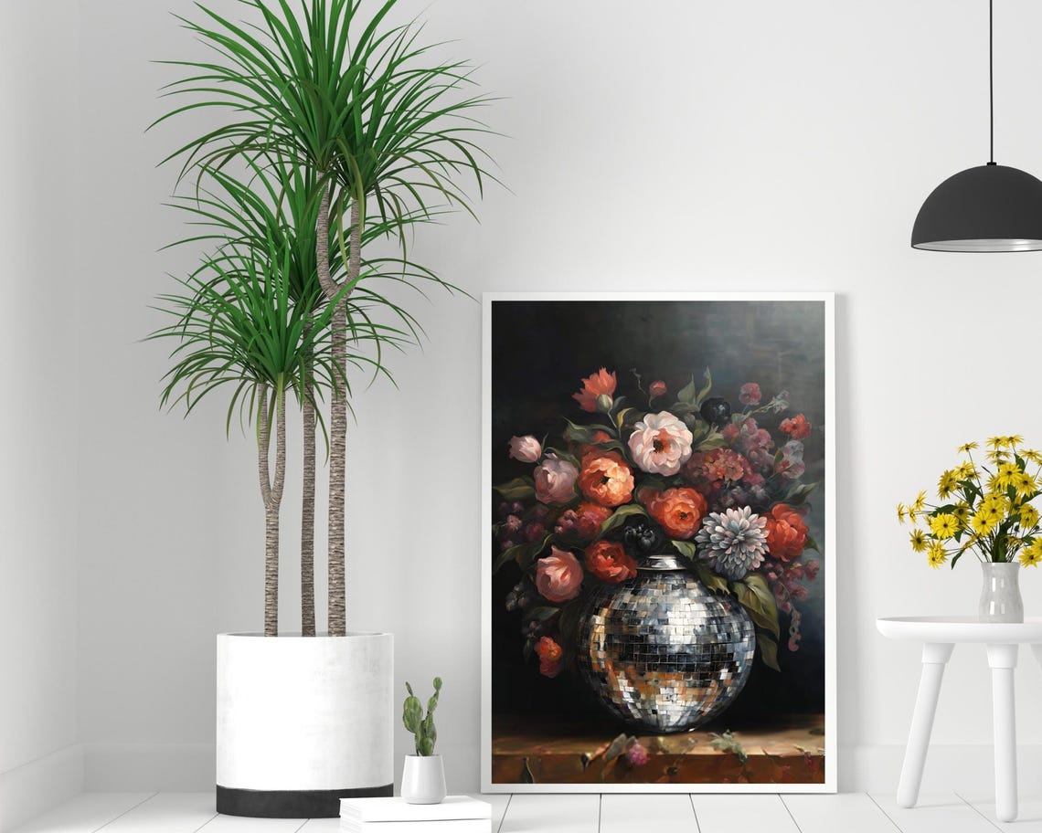 Moody Coral Peonies In Disco Ball Vase Dark Vintage Wall Poster - Image 2