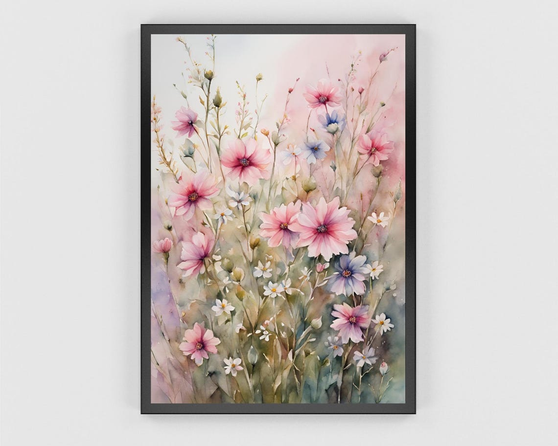 Pink Wildflower Meadow Watercolor Delicate Spring Garden Poster - Image 3