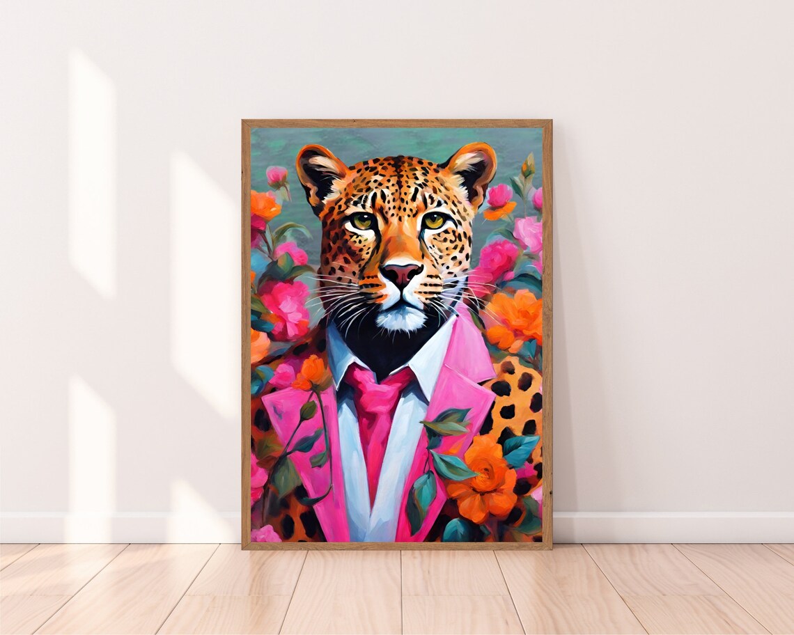 Botanical Leopard Art Print, Funky Animal Portrait - Image 2