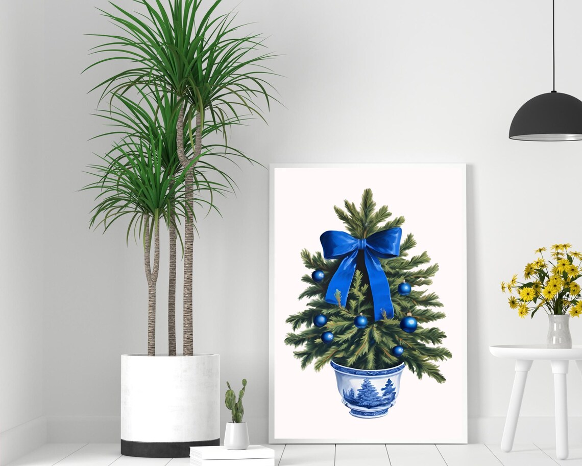 Chinoiserie Christmas Tree with Blue Bow and Ornaments Poster - Image 2