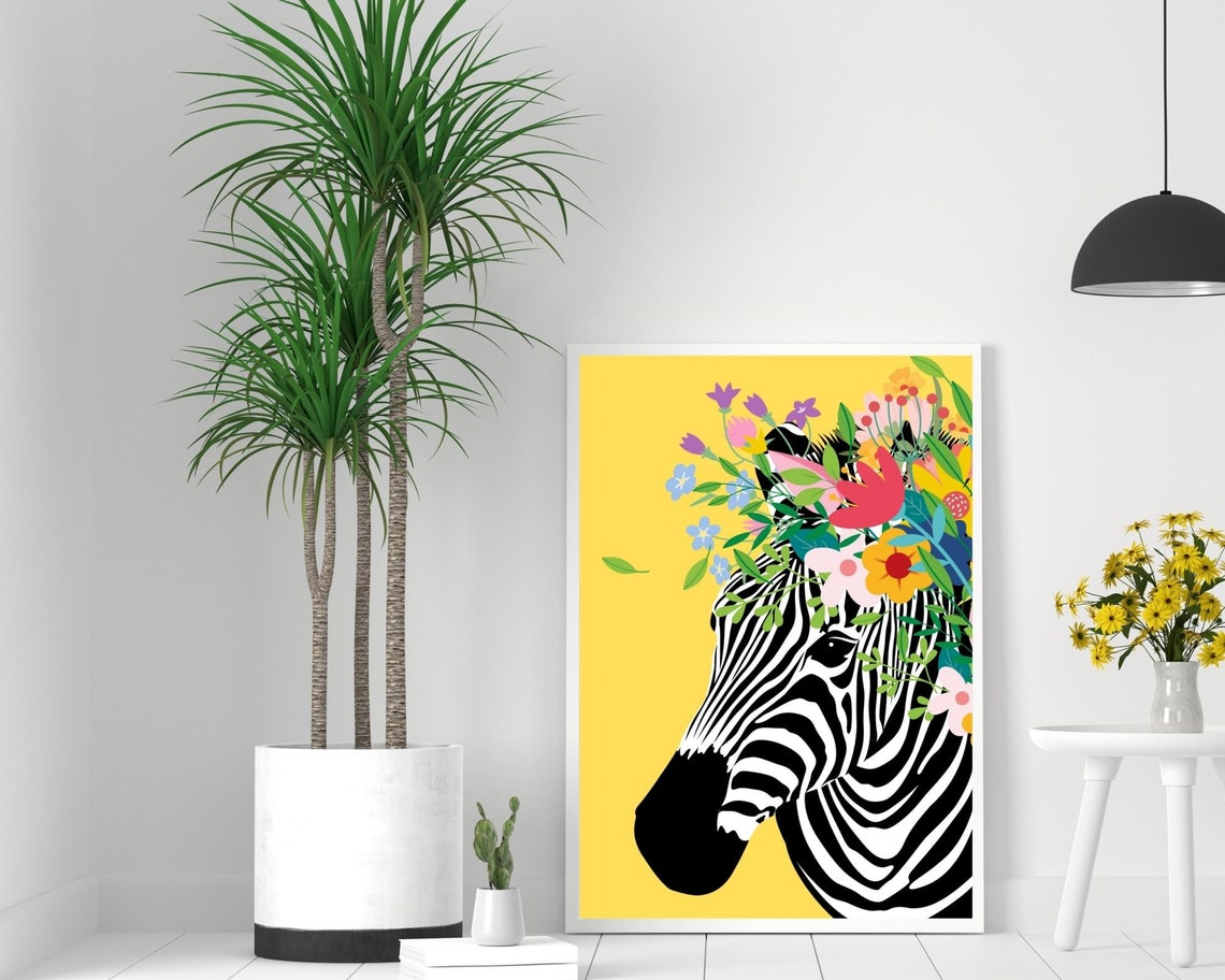 Zebra Flower Crown Yellow Tropical Retro Animal Portrait Poster - Image 3
