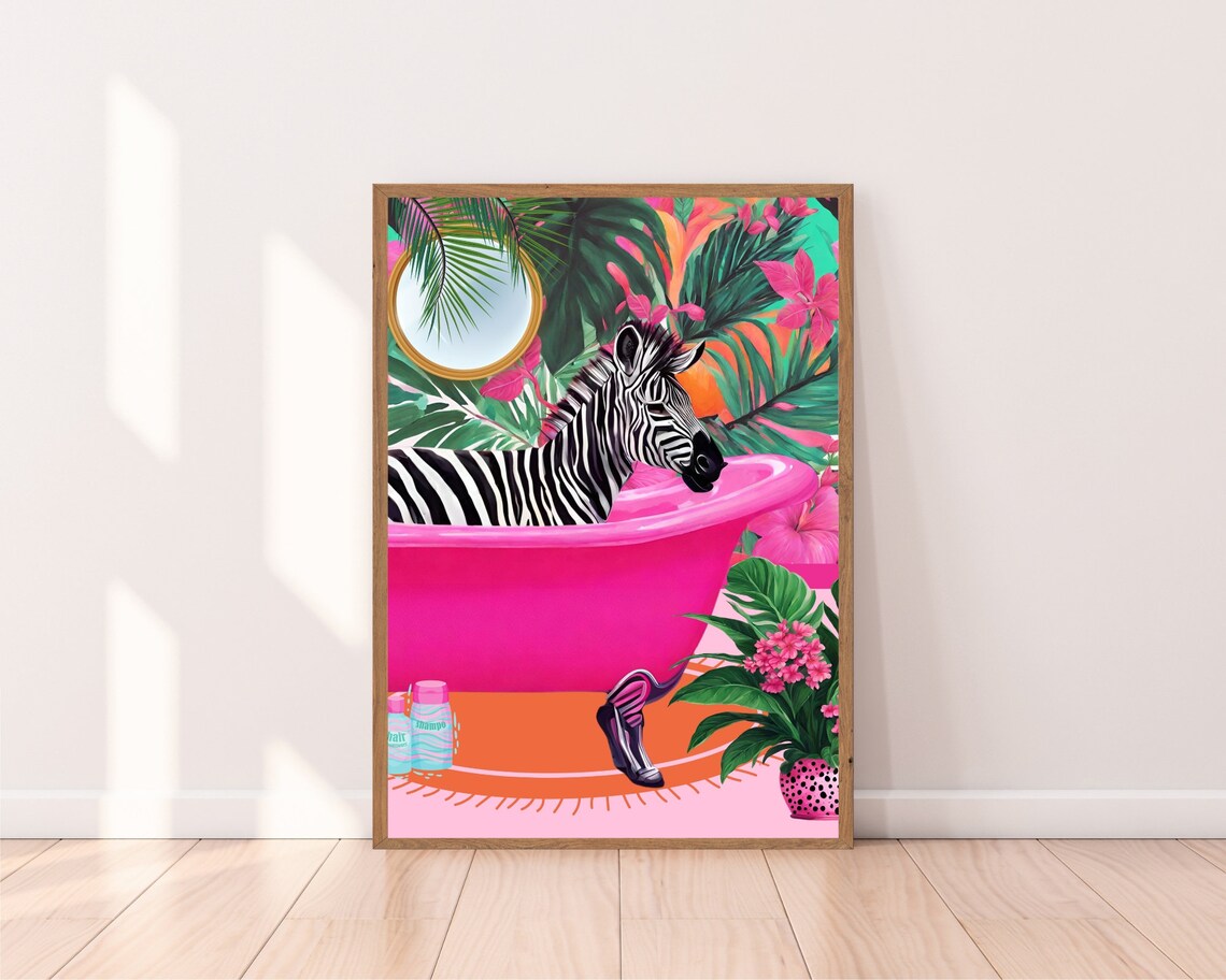 Zebra Hot Pink Bathtub Art Tropical Bath Lounge Preppy Wall Print - Image 2