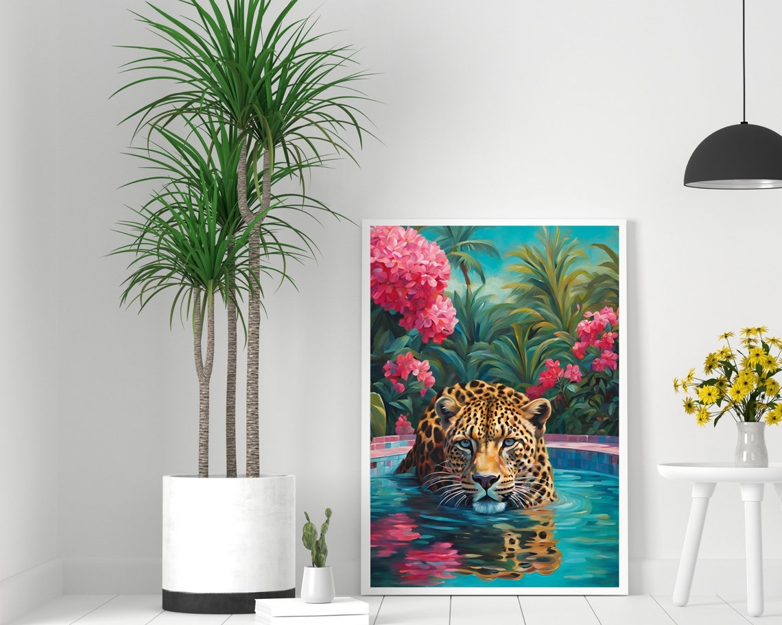 Leopard Swimming In A Tropical Pool With Pink Flowers Poster - Image 2