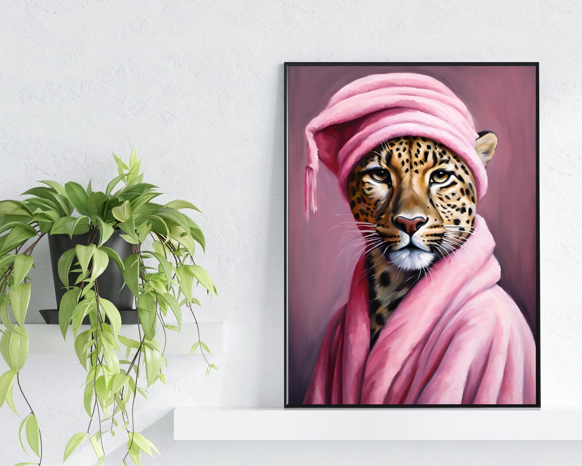 Leopard Spa Day Portrait Pink Bathrobe Towel Turban Wall Poster - Image 2