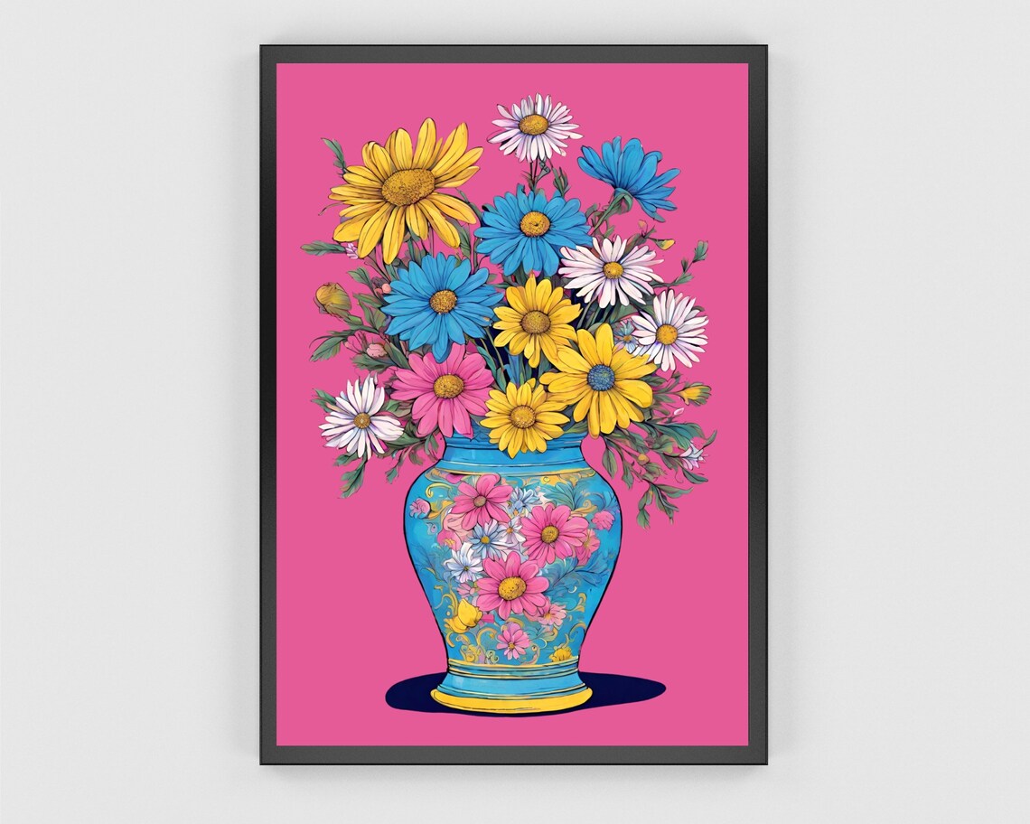 Colorful Daisy Bouquet Blue Vase Magenta Background Art Poster - Image 3