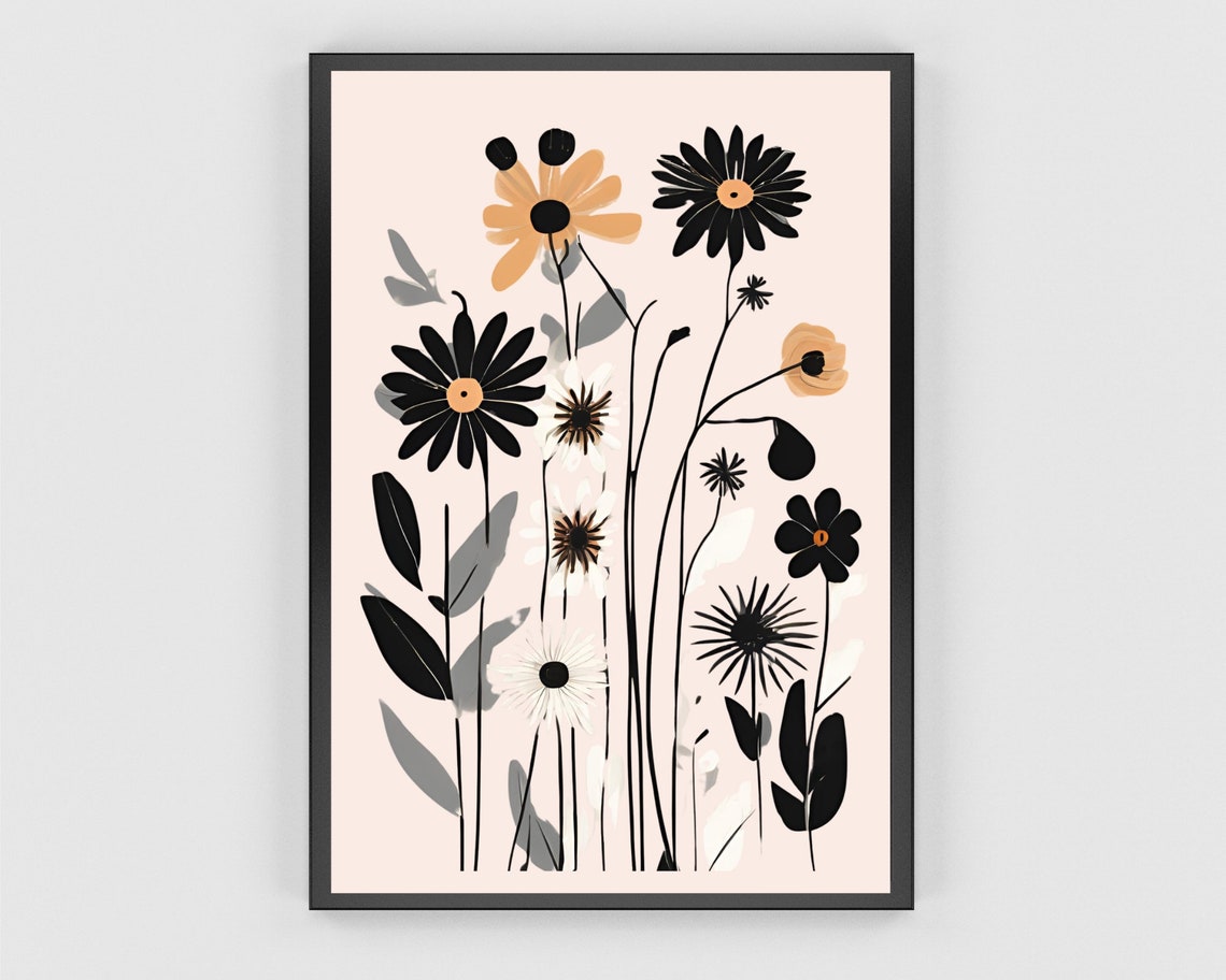 Black White Wildflower Abstract Beige Modern Botanical Poster - Image 3