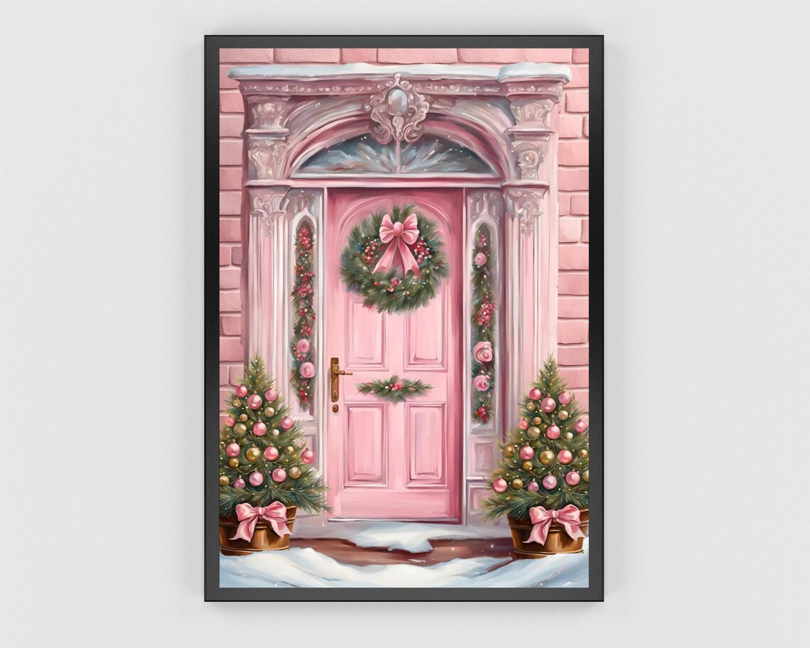 Pink Christmas Door with Wreath in the Snow Holiday Decor Poster - Image 3