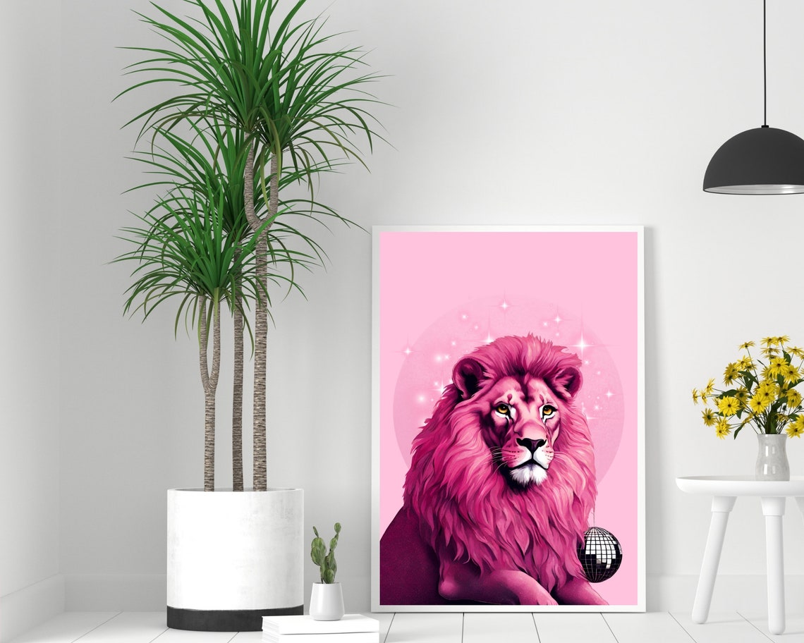 Pink Lion Disco Ball Sparkle Preppy Jungle Cat Portrait Poster - Image 2